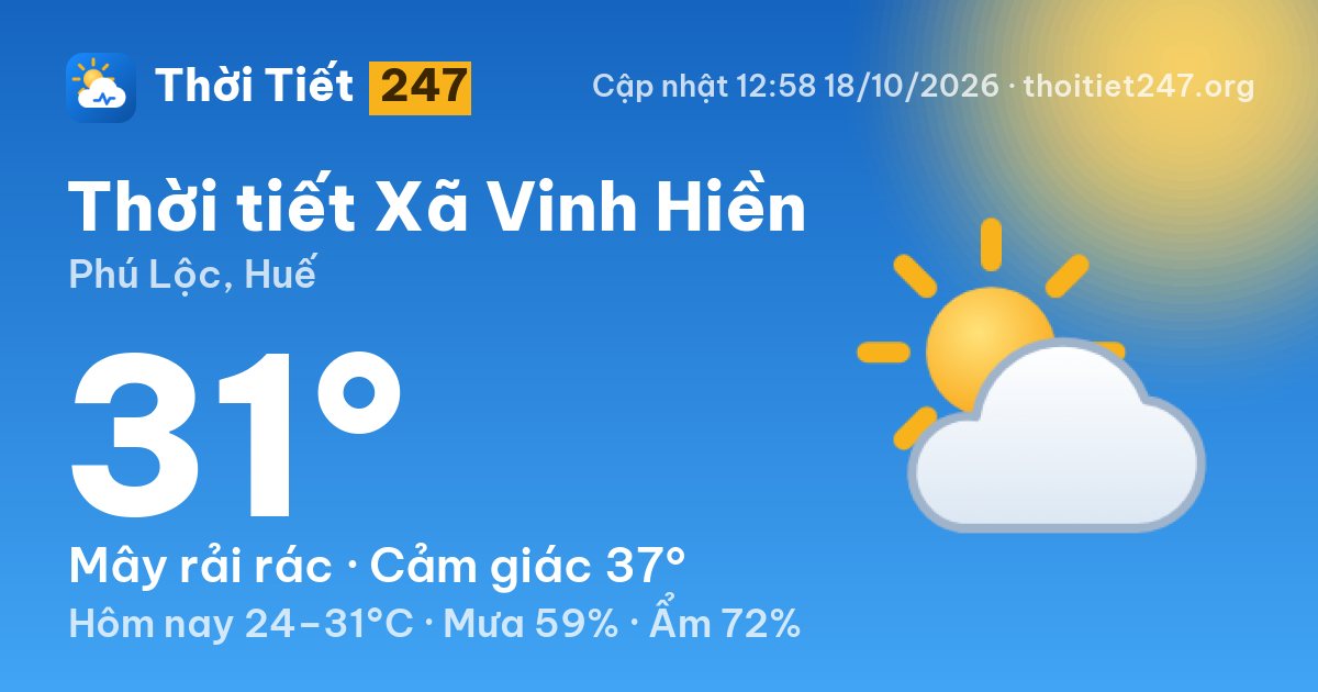 Thời tiết Xã Vinh Hiền hôm nay 18/10/2026: 31°C, mây rải rác