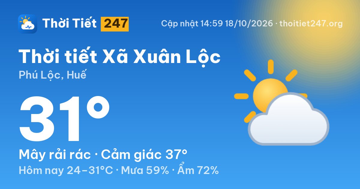 Thời tiết Xã Xuân Lộc hôm nay 18/10/2026: 31°C, mây rải rác