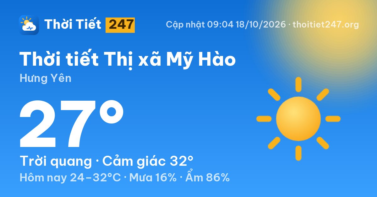 Thời tiết Thị xã Mỹ Hào hôm nay 18/10/2026: 27°C, trời quang