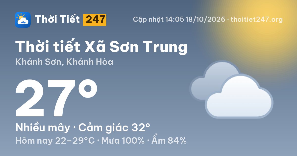 Thời tiết Xã Sơn Trung hôm nay 18/10/2026: 27°C, nhiều mây