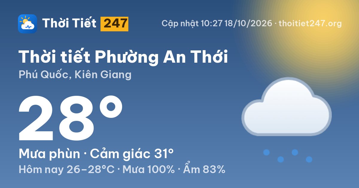 Thời tiết Phường An Thới hôm nay 18/10/2026: 27°C, mưa phùn nhẹ
