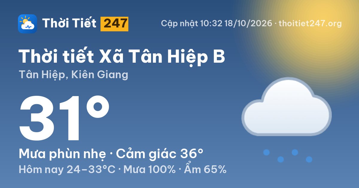 Thời tiết Xã Tân Hiệp B hôm nay 18/10/2026: 27°C, nhiều mây