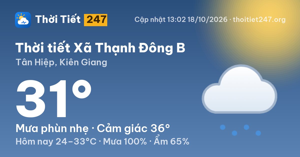 Thời tiết Xã Thạnh Đông B hôm nay 18/10/2026: 31°C, mưa phùn nhẹ
