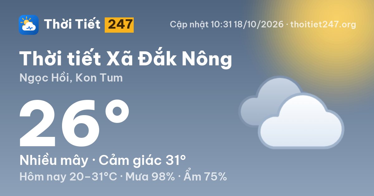 Thời tiết Xã Đắk Nông hôm nay 18/10/2026: 26°C, nhiều mây