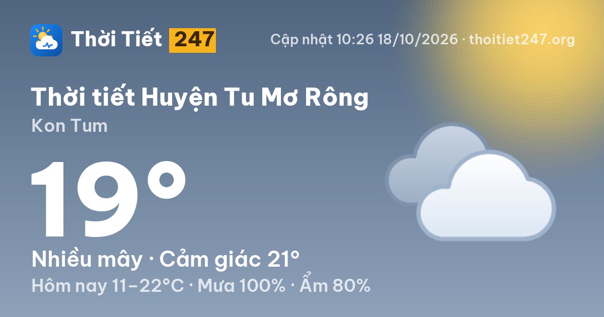 Thời tiết Huyện Tu Mơ Rông hôm nay 18/10/2026: 19°C, nhiều mây