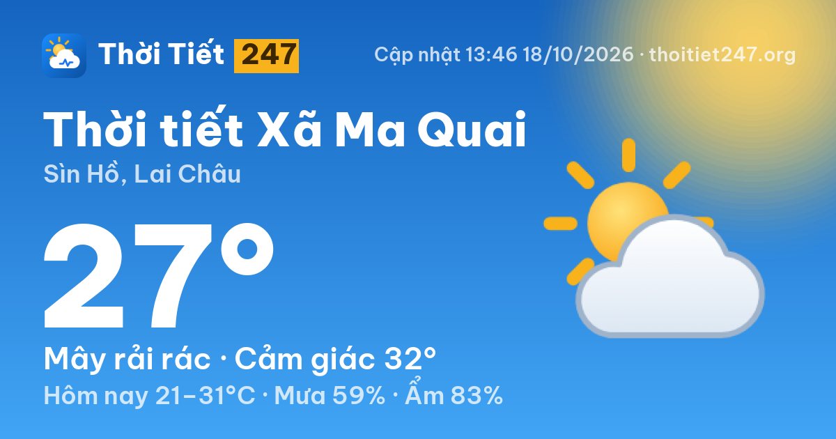 Thời tiết Xã Ma Quai hôm nay 18/10/2026: 27°C, mây rải rác