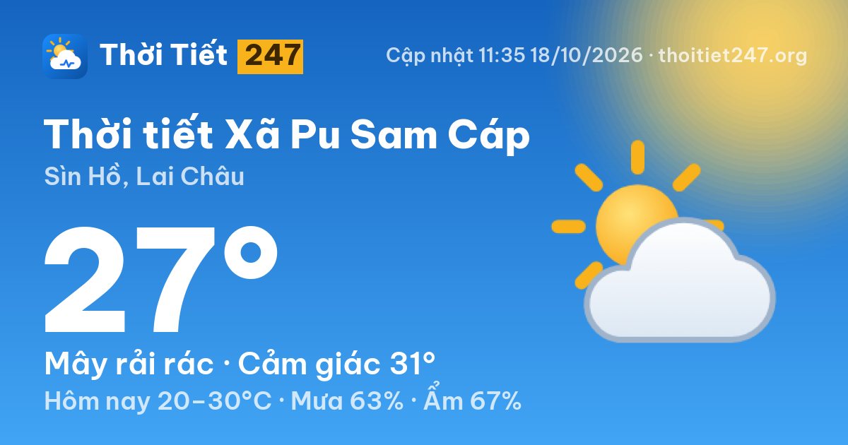 Thời tiết Xã Pu Sam Cáp hôm nay 18/10/2026: 27°C, mây rải rác