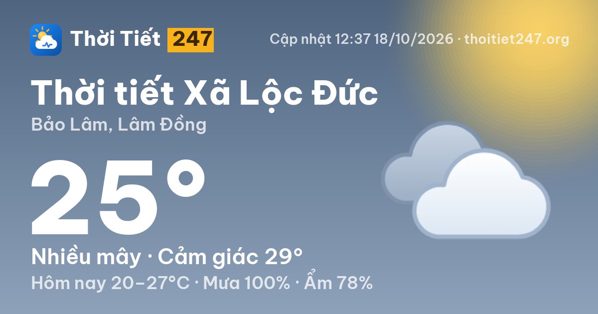 Thời tiết Xã Lộc Đức hôm nay 18/10/2026: 25°C, nhiều mây