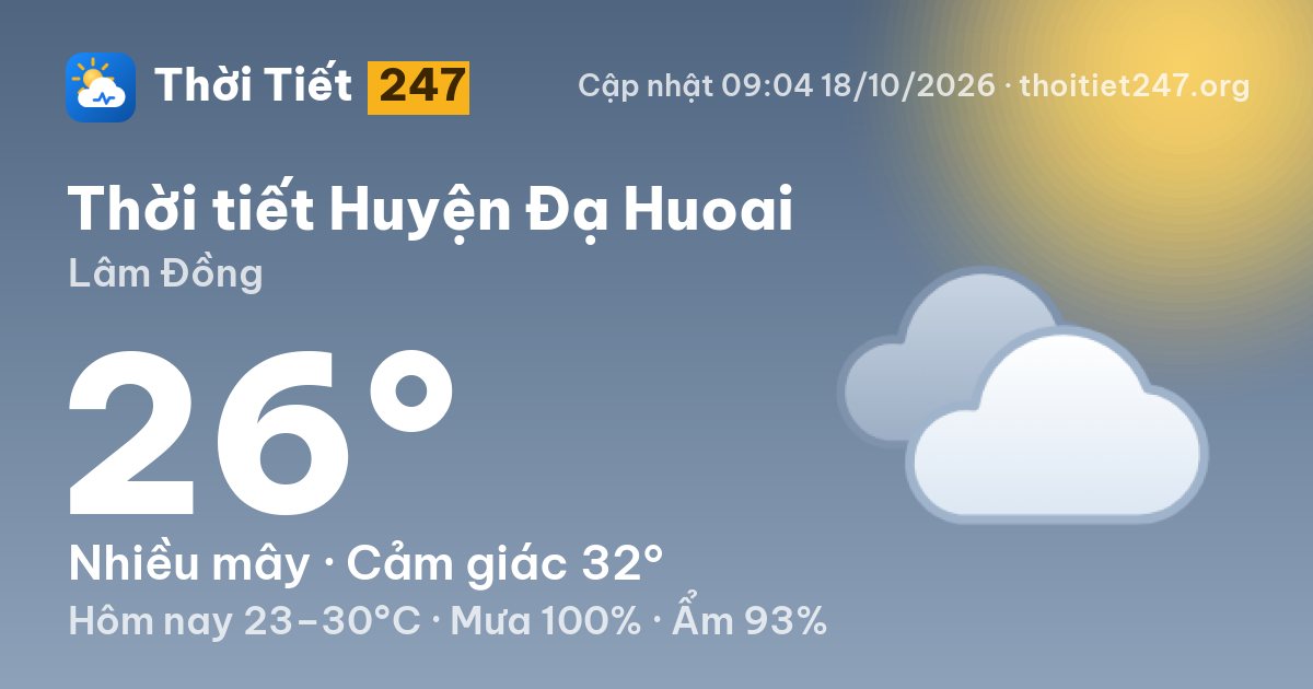 Thời tiết Huyện Đạ Huoai hôm nay 18/10/2026: 26°C, nhiều mây