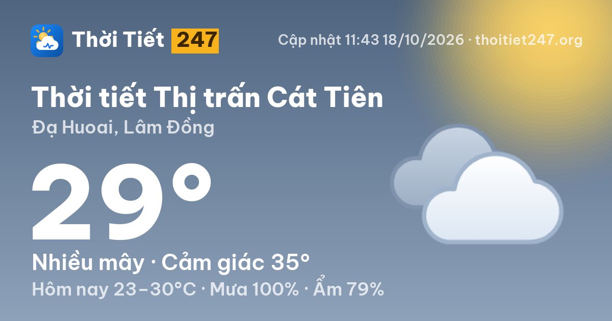 Thời tiết Thị trấn Cát Tiên hôm nay 18/10/2026: 26°C, nhiều mây
