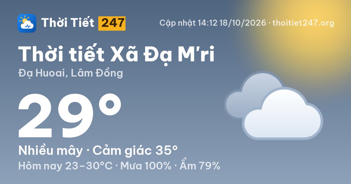 Thời tiết Xã Đạ M'ri hôm nay 18/10/2026: 29°C, nhiều mây