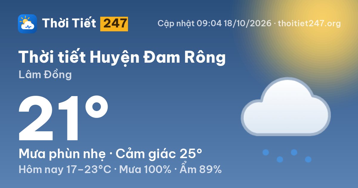 Thời tiết Huyện Đam Rông hôm nay 18/10/2026: 20°C, mưa phùn dày