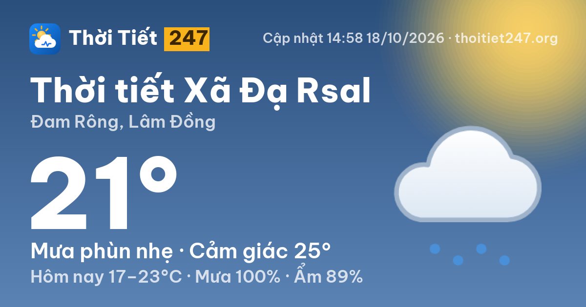 Thời tiết Xã Đạ Rsal hôm nay 18/10/2026: 21°C, mưa phùn nhẹ