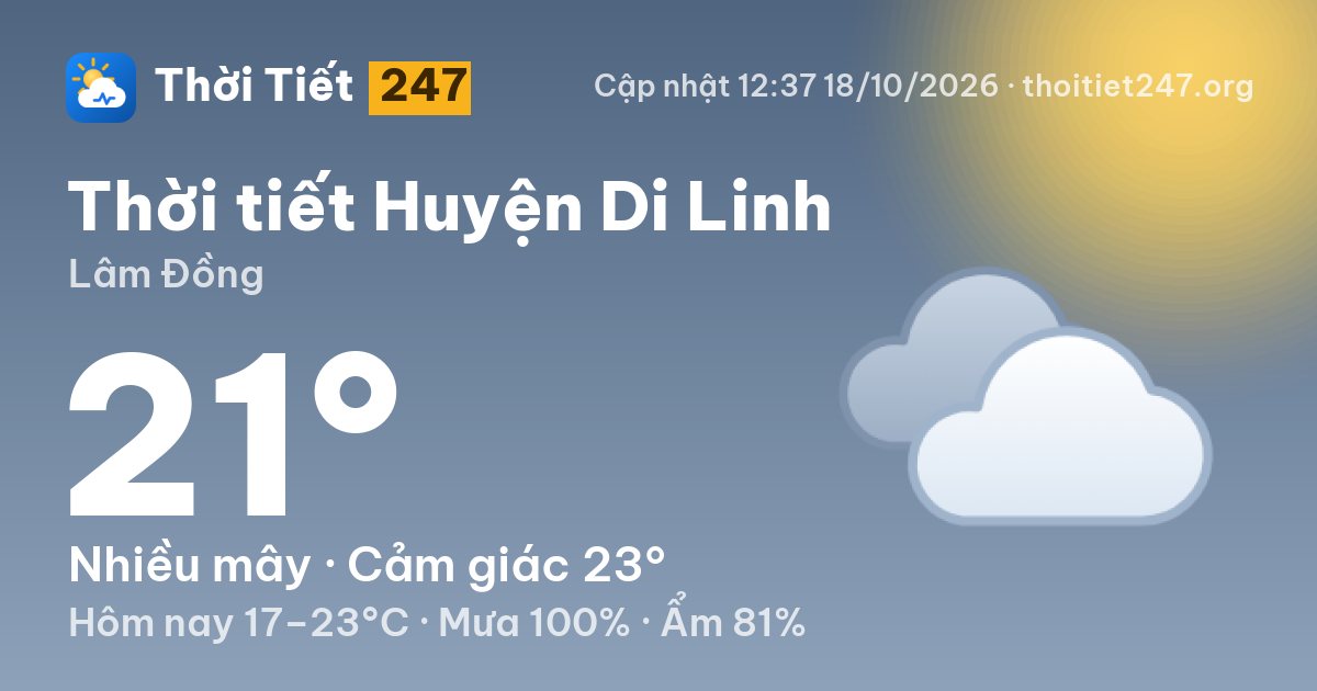 Thời tiết Huyện Di Linh hôm nay 18/10/2026: 21°C, nhiều mây