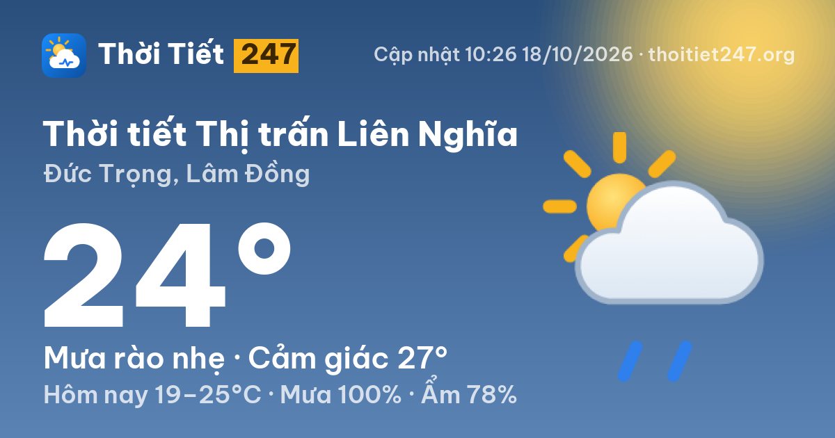 Thời tiết Thị trấn Liên Nghĩa hôm nay 18/10/2026: 22°C, nhiều mây