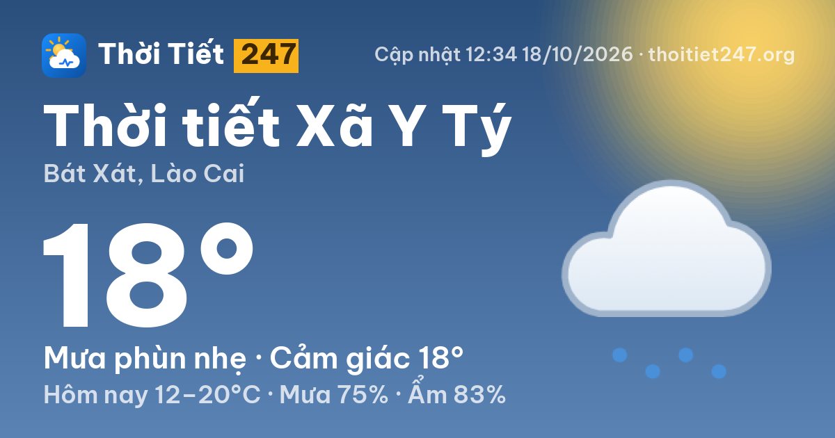 Thời tiết Xã Y Tý hôm nay 18/10/2026: 18°C, mưa phùn nhẹ