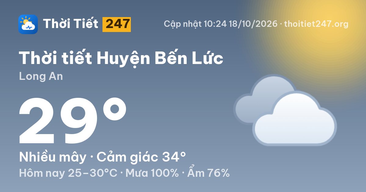 Thời tiết Huyện Bến Lức hôm nay 18/10/2026: 26°C, nhiều mây