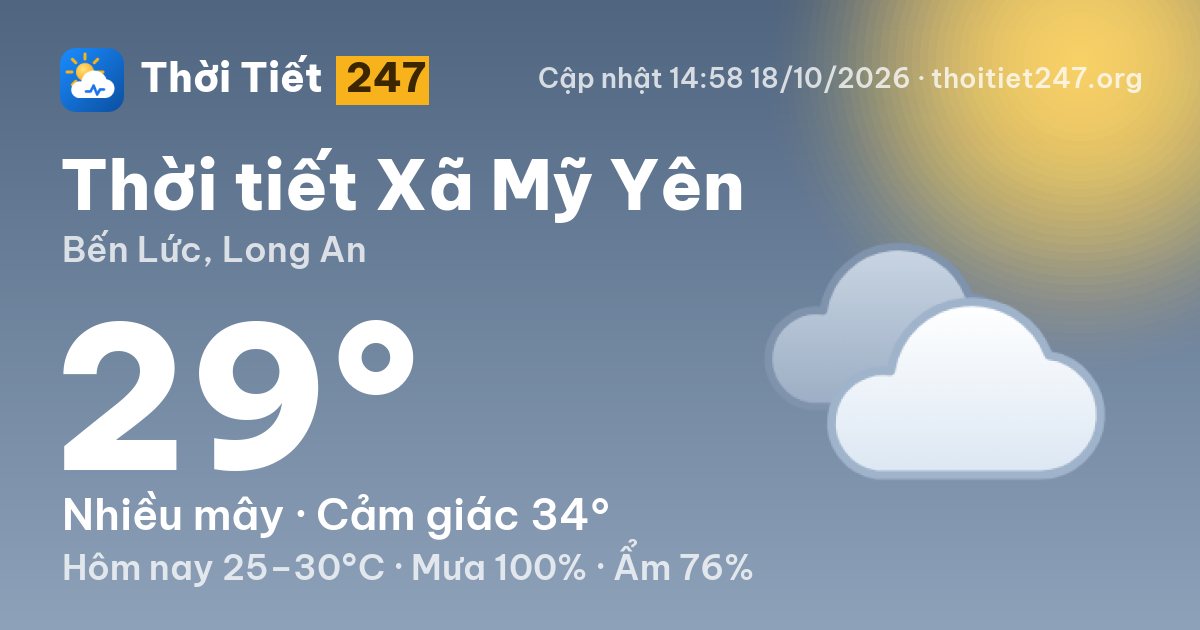 Thời tiết Xã Mỹ Yên hôm nay 18/10/2026: 29°C, nhiều mây