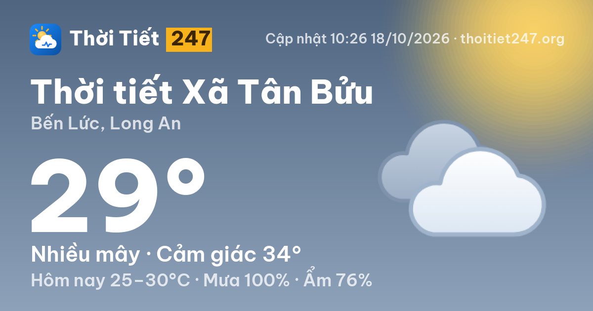 Thời tiết Xã Tân Bửu hôm nay 18/10/2026: 26°C, nhiều mây