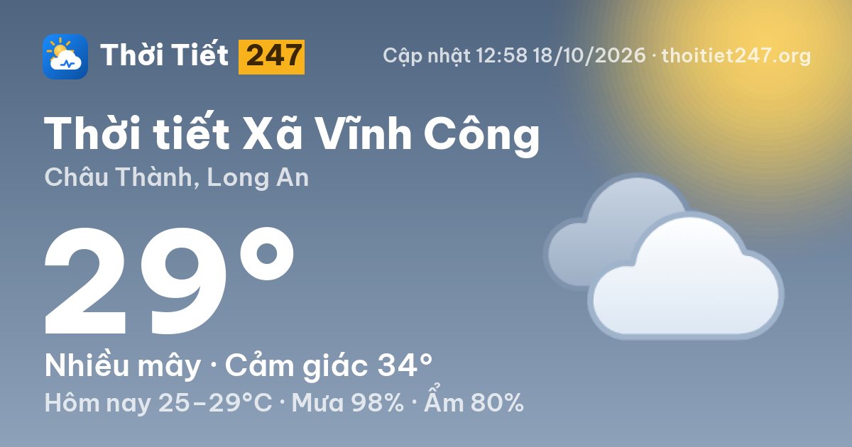 Thời tiết Xã Vĩnh Công hôm nay 18/10/2026: 26°C, nhiều mây