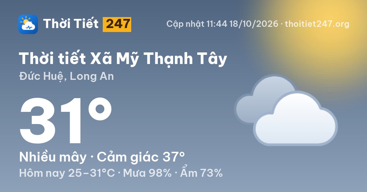 Thời tiết Xã Mỹ Thạnh Tây hôm nay 18/10/2026: 31°C, nhiều mây