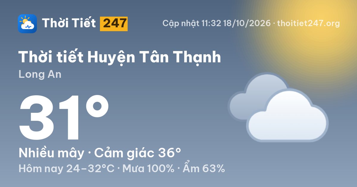 Thời tiết Huyện Tân Thạnh hôm nay 18/10/2026: 27°C, nhiều mây