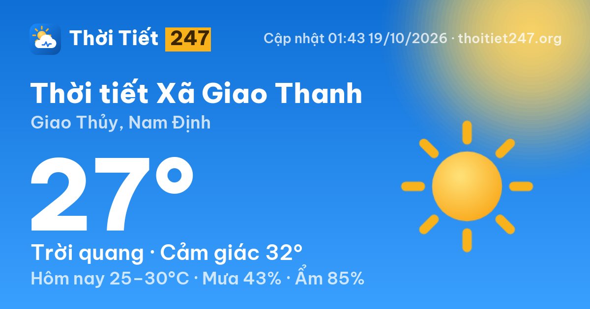 Thời tiết Xã Giao Thanh hôm nay 19/10/2026: 27°C, trời quang
