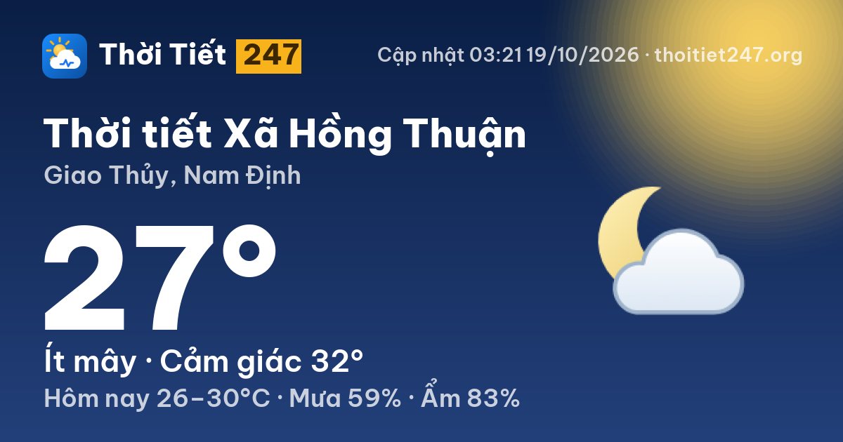 Thời tiết Xã Hồng Thuận hôm nay 18/10/2026: 27°C, trời quang