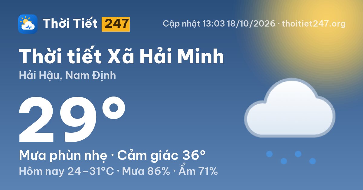Thời tiết Xã Hải Minh hôm nay 18/10/2026: 29°C, mưa phùn nhẹ