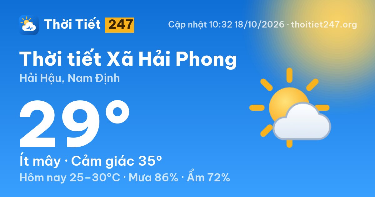 Thời tiết Xã Hải Phong hôm nay 18/10/2026: 27°C, trời quang