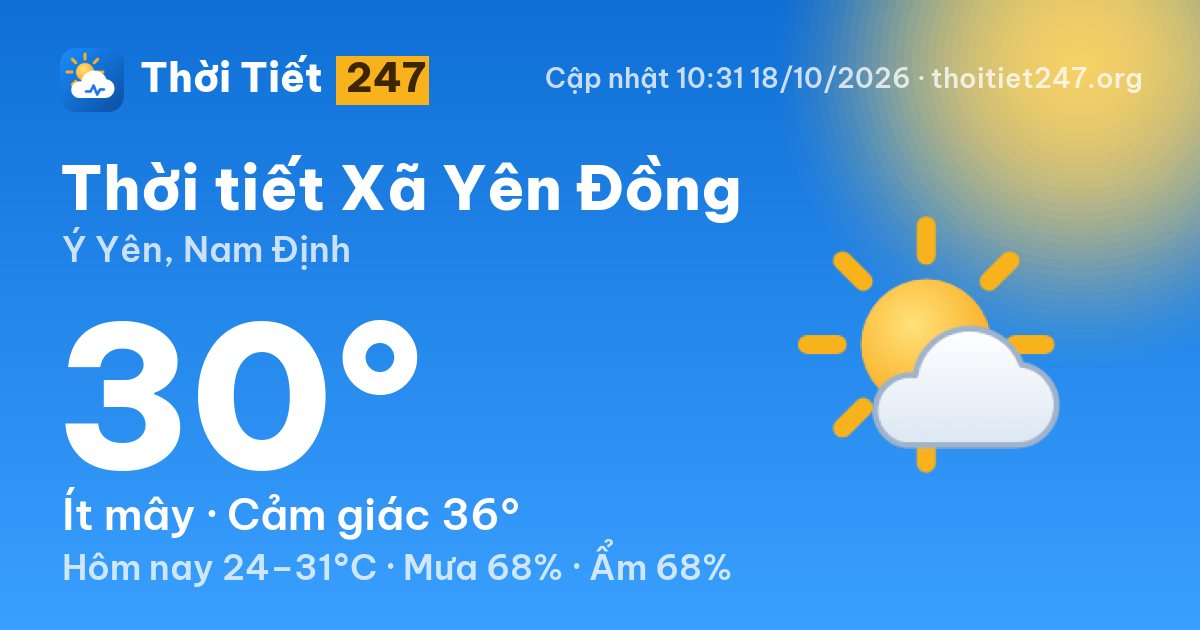 Thời tiết Xã Yên Đồng hôm nay 18/10/2026: 27°C, trời quang
