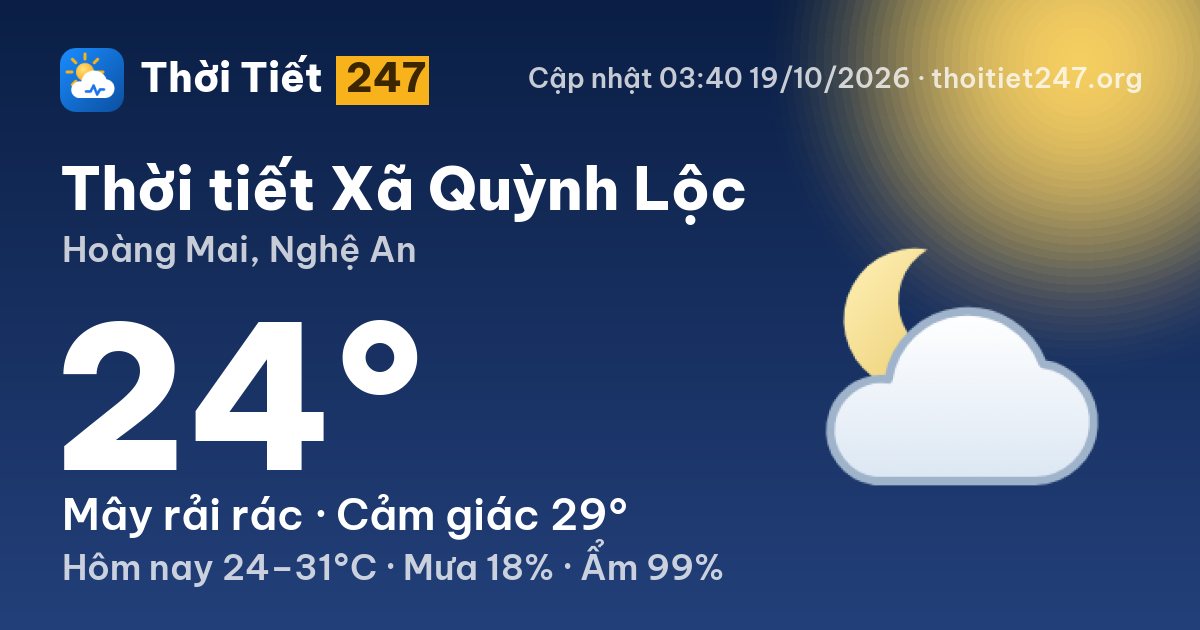Thời tiết Xã Quỳnh Lộc hôm nay 19/10/2026: 26°C, ít mây