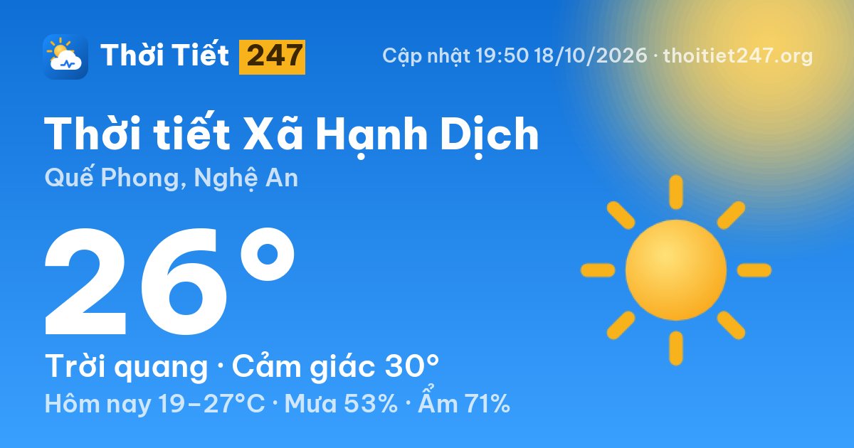 Thời tiết Xã Hạnh Dịch hôm nay 18/10/2026: 26°C, trời quang