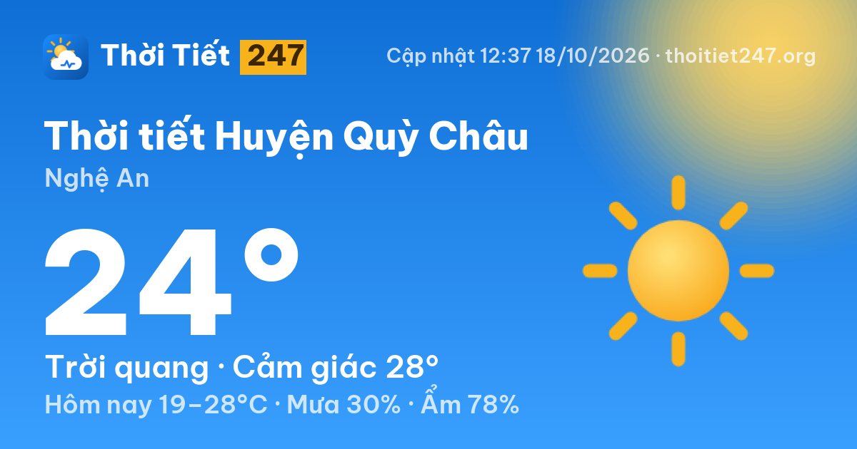 Thời tiết Huyện Quỳ Châu hôm nay 18/10/2026: 24°C, trời quang