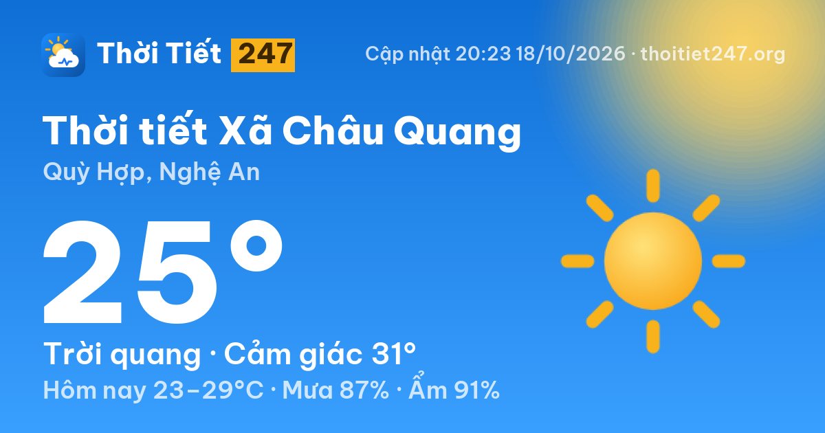 Thời tiết Xã Châu Quang hôm nay 18/10/2026: 25°C, trời quang
