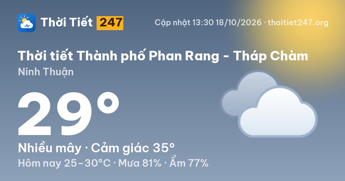 Thời tiết Thành phố Phan Rang - Tháp Chàm hôm nay 18/10/2026: 29°C, nhiều mây