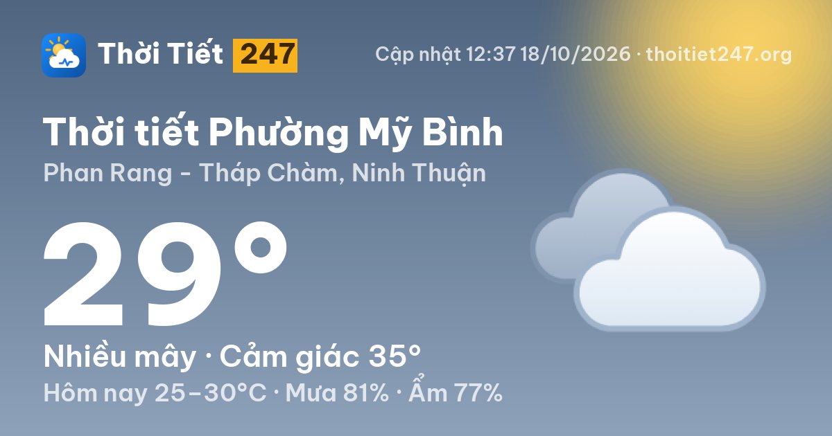 Thời tiết Phường Mỹ Bình hôm nay 18/10/2026: 29°C, nhiều mây