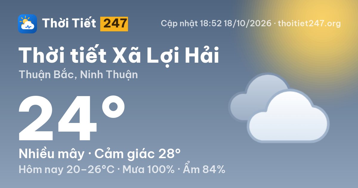 Thời tiết Xã Lợi Hải hôm nay 18/10/2026: 24°C, nhiều mây