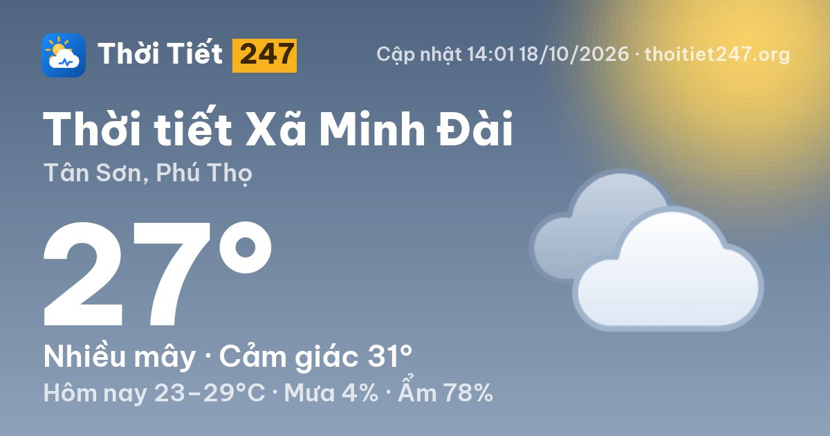 Thời tiết Xã Minh Đài hôm nay 18/10/2026: 27°C, nhiều mây