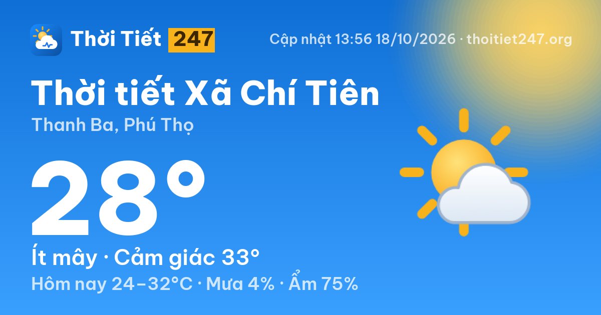 Thời tiết Xã Chí Tiên hôm nay 18/10/2026: 28°C, ít mây