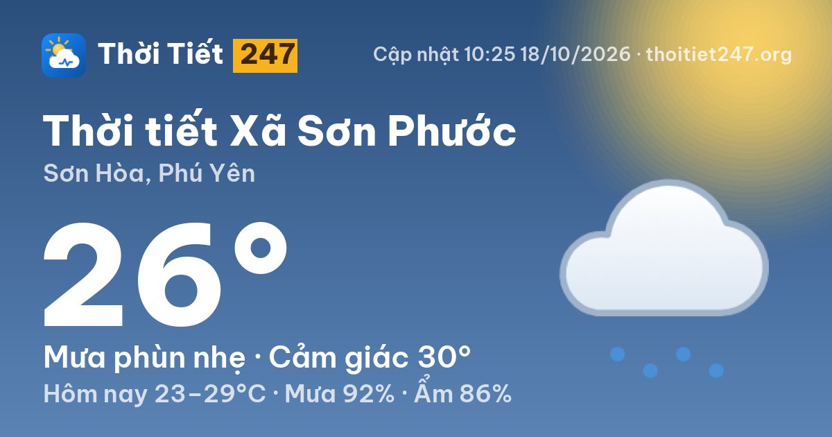 Thời tiết Xã Sơn Phước hôm nay 18/10/2026: 26°C, mưa phùn nhẹ