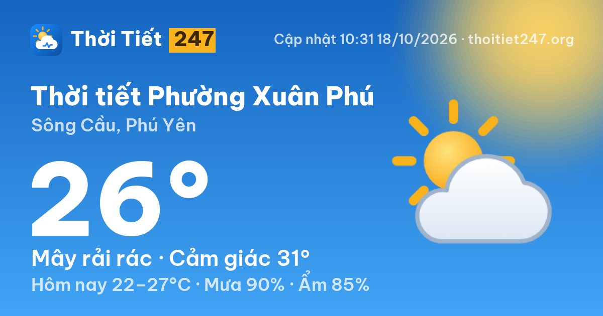 Thời tiết Phường Xuân Phú hôm nay 18/10/2026: 23°C, mưa phùn nhẹ