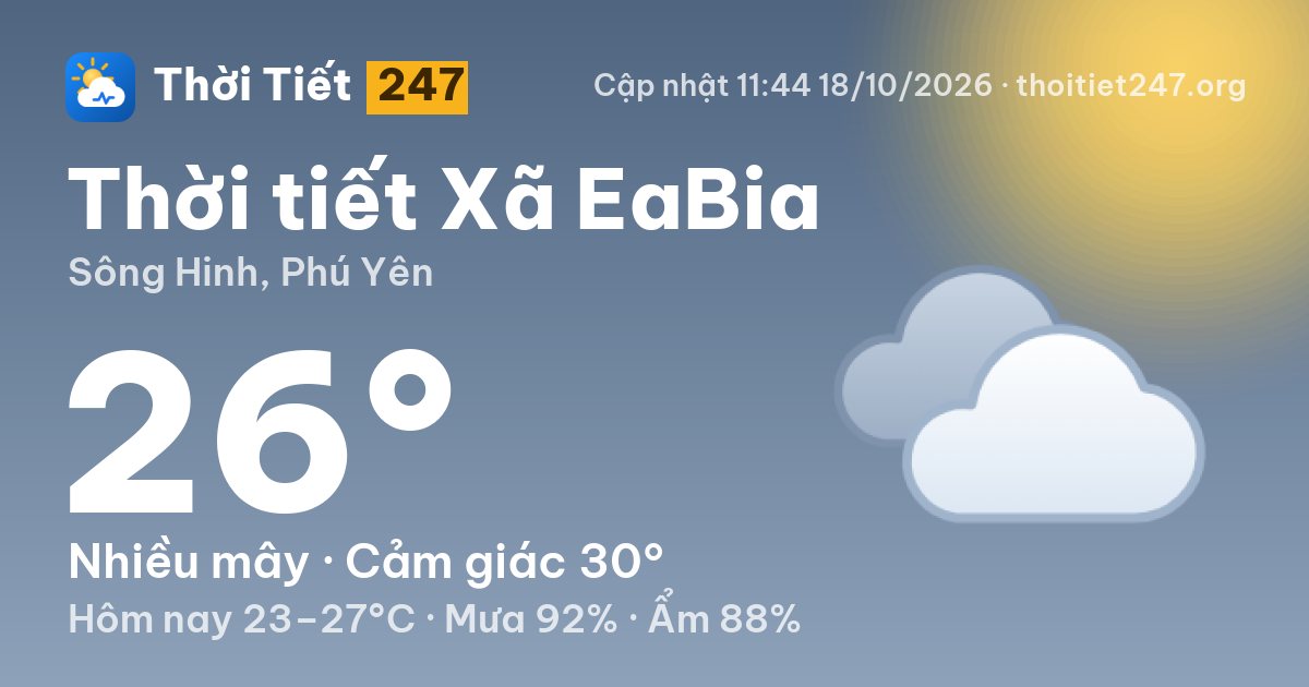 Thời tiết Xã EaBia hôm nay 18/10/2026: 26°C, nhiều mây
