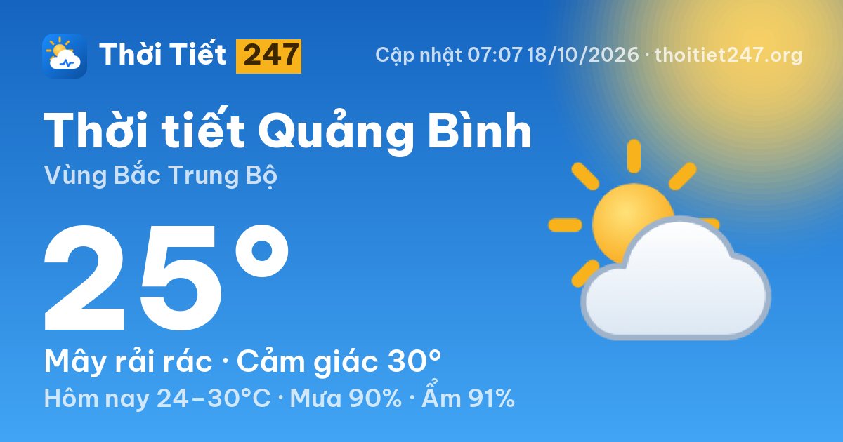 Thời tiết Quảng Bình hôm nay 18/10/2026: 25°C, mây rải rác