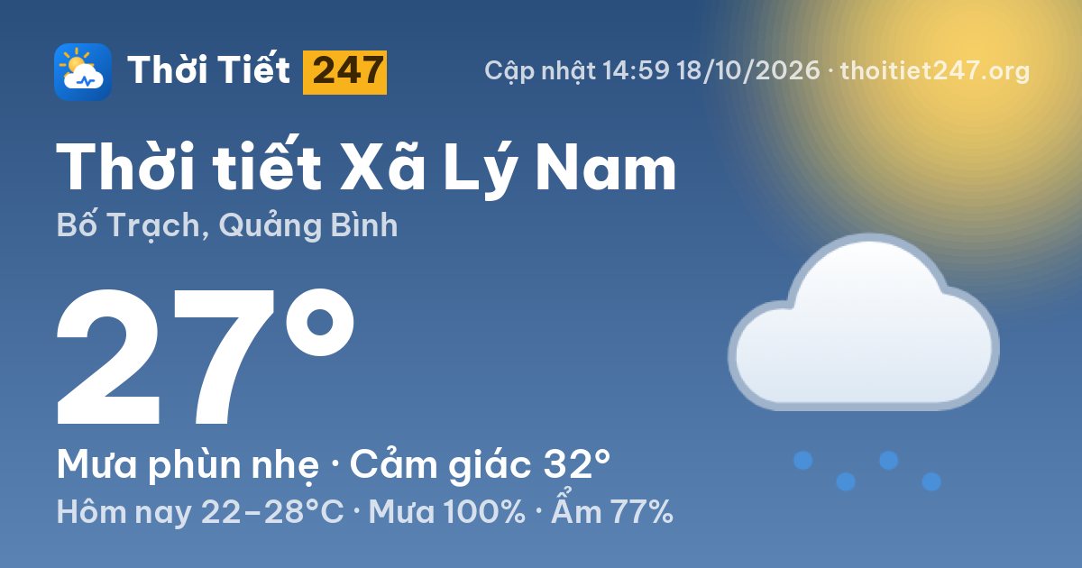 Thời tiết Xã Lý Nam hôm nay 18/10/2026: 27°C, mưa phùn nhẹ