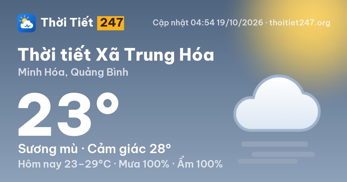 Thời tiết Xã Trung Hóa hôm nay 19/10/2026: 23°C, sương mù