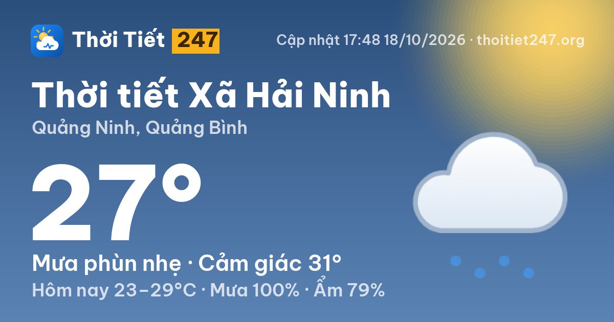 Thời tiết Xã Hải Ninh hôm nay 18/10/2026: 27°C, mưa phùn nhẹ