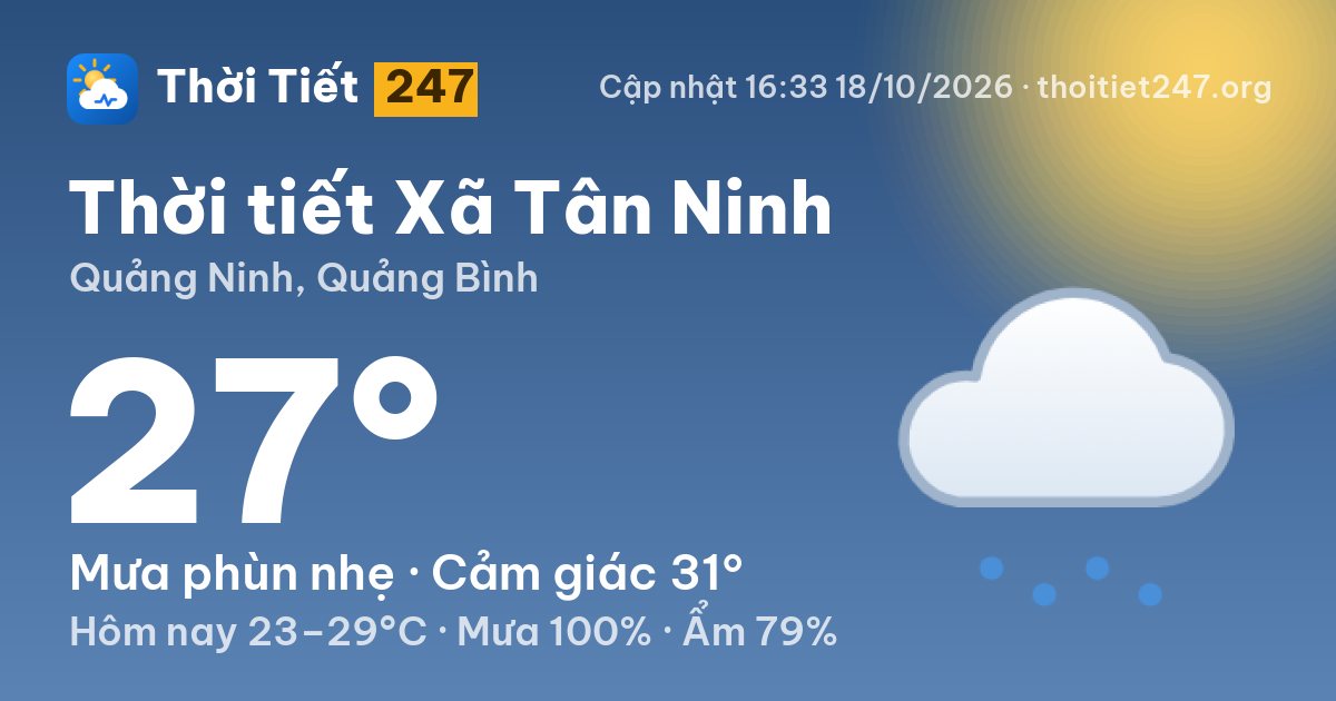 Thời tiết Xã Tân Ninh hôm nay 18/10/2026: 27°C, mưa phùn nhẹ