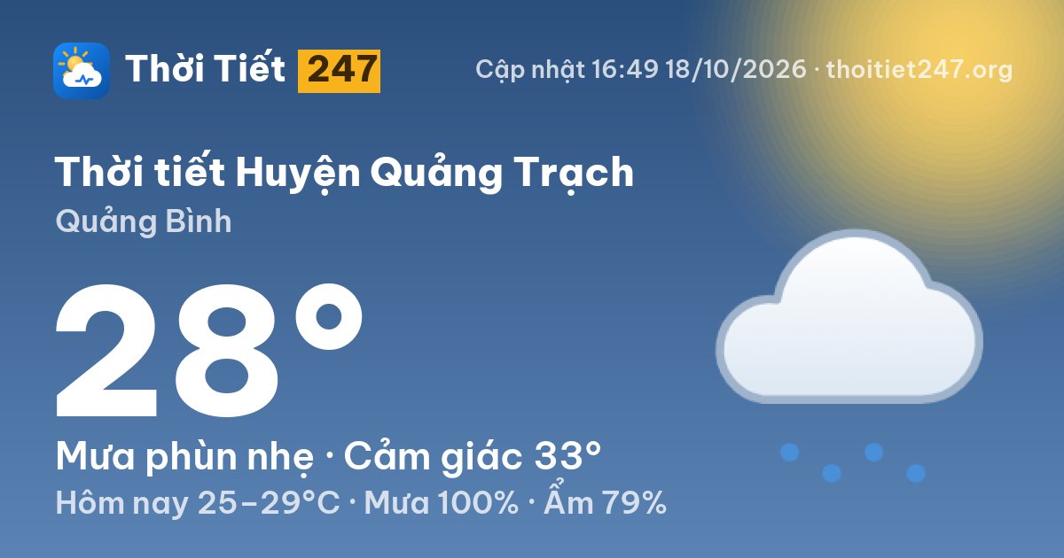Thời tiết Huyện Quảng Trạch hôm nay 18/10/2026: 28°C, mưa phùn nhẹ