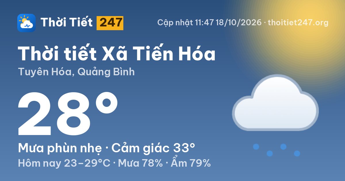Thời tiết Xã Tiến Hóa hôm nay 18/10/2026: 28°C, mưa phùn nhẹ